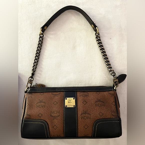 MCM Handbag Brown Black Leather Satchel Visetos Chain Strap Zip Clutch Purse - Picture 5 of 14